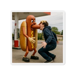 Op de afbeelding: Een humoristische afbeelding van een persoon die interactie heeft met een gigantisch hotdog-personage. De hotdog, compleet met broodje, mosterd en cartoonachtige kenmerken, lijkt de persoon te voeden. De scène speelt zich af bij een benzinestation.