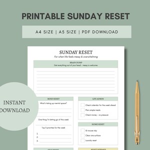 Pode incluir: Planejador imprimível de Reset de Domingo com seções para brainstorming, reinicialização da mente, administração da vida e reinicialização da casa. Inclui uma caneta dourada. O texto diz "Download instantâneo".