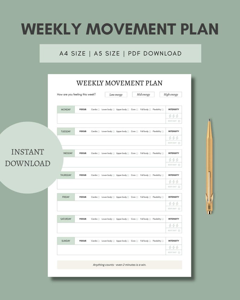 Movement Plan Matrix ADHD Weekly Movement Plan Printable | Low Energy Workout Planner ...