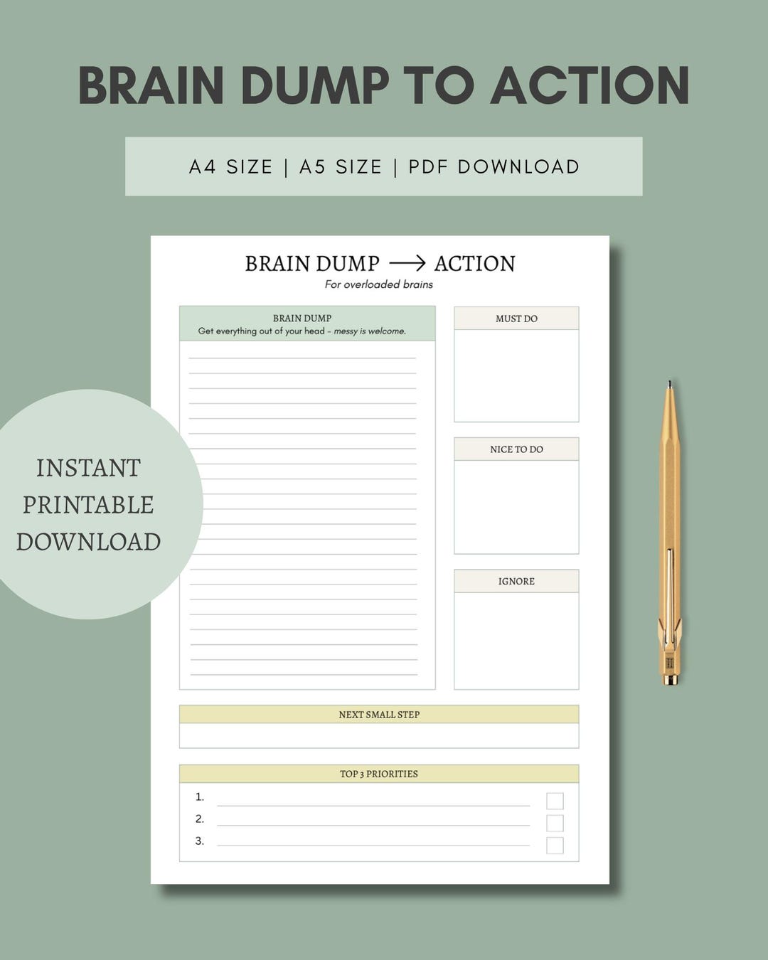 Brain Dump to Action Planner | ADHD Printable | Overwhelm Reset Sheet ...