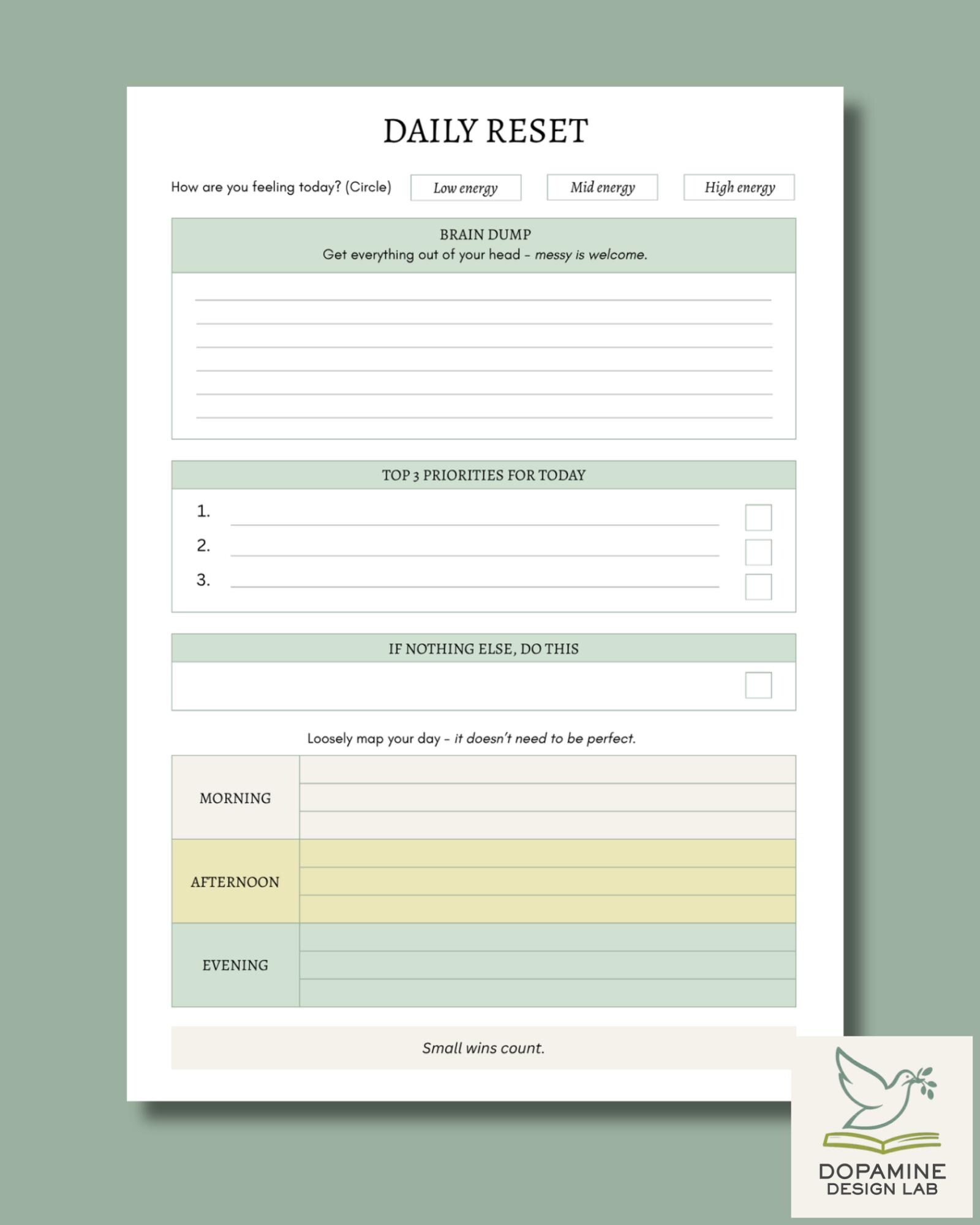 Daily Reset Planner Printable | Simple Daily Planner Sage Green | for ...