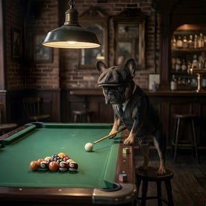 French Bulldog Playing Pool Art - Funny Dog Billiards Canvas - Vintage Pub Game Room Decor - Ralphie’s 1920s Pool Hall - 12x12" And 16x16.