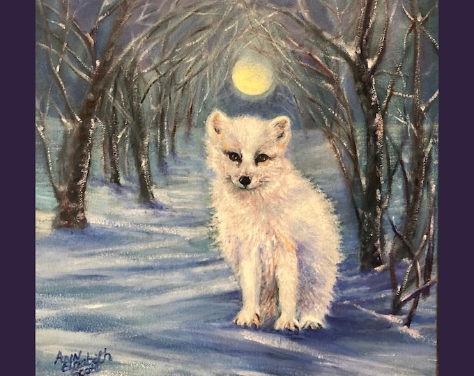 Arctic Fox Original Oil Painting - Moonlight Snowy Forest Wildlife Art - Winter Animal Wall Decor - Blue & White Nature Gift