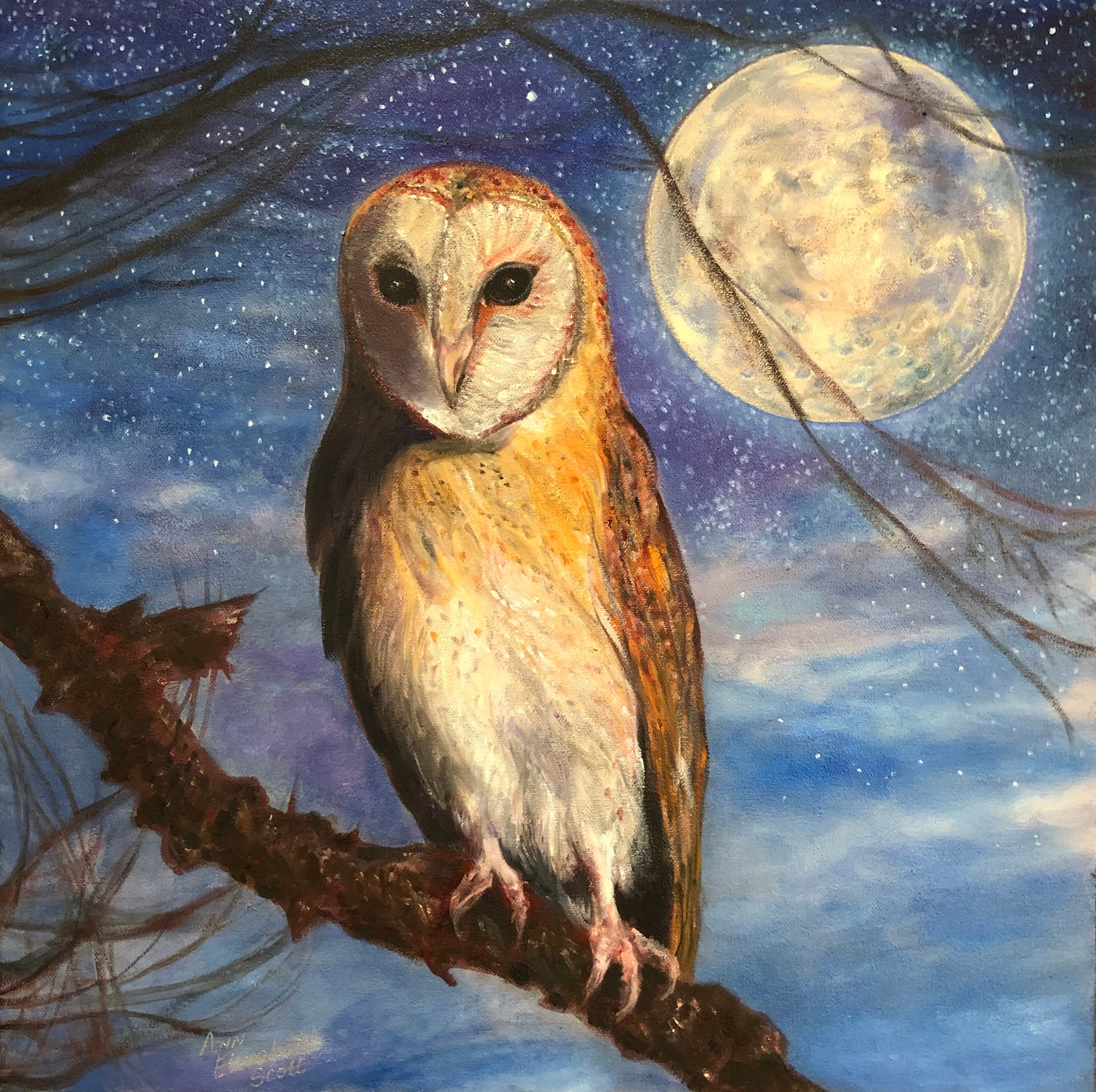 Oil Painting on Canvas | Starry Owl | Signed Original Fine Oil Painting on Canvas | Starry Owl | Signed Original Fine