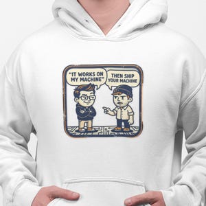 Może przedstawiać: Biała bluza z kapturem z kreskówkową grafiką dwóch postaci i dymkami. Tekst brzmi "IT WORKS ON MY MACHINE" i "THEN SHIP YOUR MACHINE". Grafika jest oprawiona w brązowy prostokąt.
