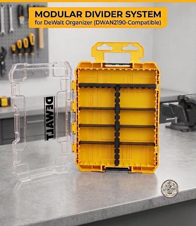 May include: A yellow and clear modular divider system for a DeWalt organizer. The yellow case is open, revealing black dividers and shelves. The clear lid is open to the side, with the word "DEMVII" printed on it. The text "MODULAR DIVIDER SYSTEM" is at the top.