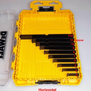 May include: Yellow and black tool organizer with clear lid. The organizer contains black horizontal thin dividers labeled with numbers and the word "Groove". The text "Horizontal Thin Dividers" is visible at the bottom. The brand name "DEWALT" is printed on the clear lid.