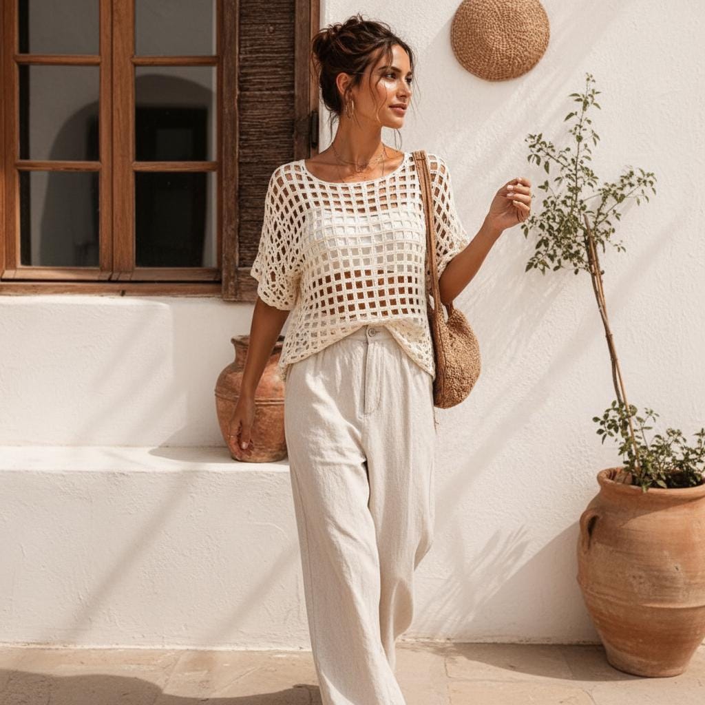 Crochet top with wide leg linen pants summer outfit