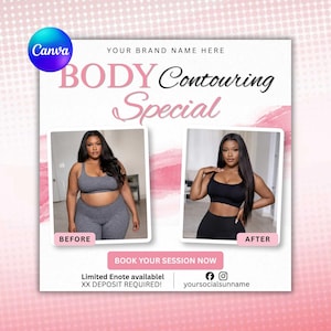 May include: A promotional graphic for a body contouring special. The design features a before-and-after comparison of a person in workout attire, with text that reads "BODY Contouring Special" and "BOOK YOUR SESSION NOW."
