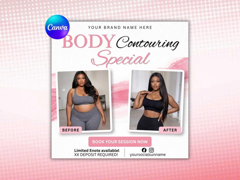 May include: A promotional graphic for a body contouring special. The design features a before-and-after comparison of a person in workout attire, with text that reads "BODY Contouring Special" and "BOOK YOUR SESSION NOW."