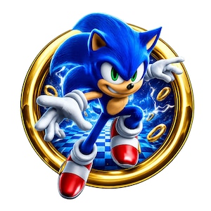 Könnte beinhalten: Eine kreisförmige Grafik mit dem blauen Igel Sonic, der grüne Augen und weiße Handschuhe hat und durch einen großen goldenen Ring springt. Der Hintergrund zeigt ein blaues Schachbrettmuster mit schwebenden goldenen Ringen und blauen Energieeffekten.