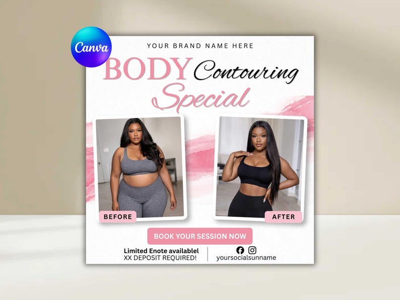 May include: A promotional graphic for body contouring services. The design features the text "BODY Contouring Special" in pink and black, with before and after photos of a person. The graphic includes the text "BOOK YOUR SESSION NOW".