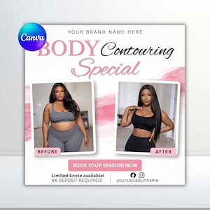 May include: A promotional graphic for body contouring services. The design features a before-and-after comparison of a person in workout attire. Text includes "BODY Contouring Special" and "Book Your Session Now."
