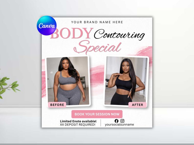 May include: A promotional graphic for body contouring services. The design features a before-and-after comparison of a person in workout attire. Text includes "BODY Contouring Special" and "Book Your Session Now."