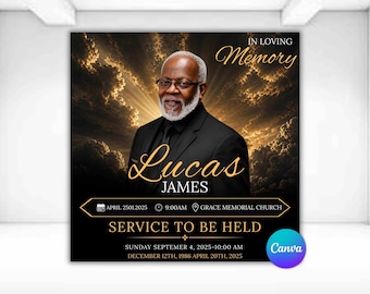 Funeral Announcement Flyer Template, Black Gold Memorial Service Invitation (Canva Download)