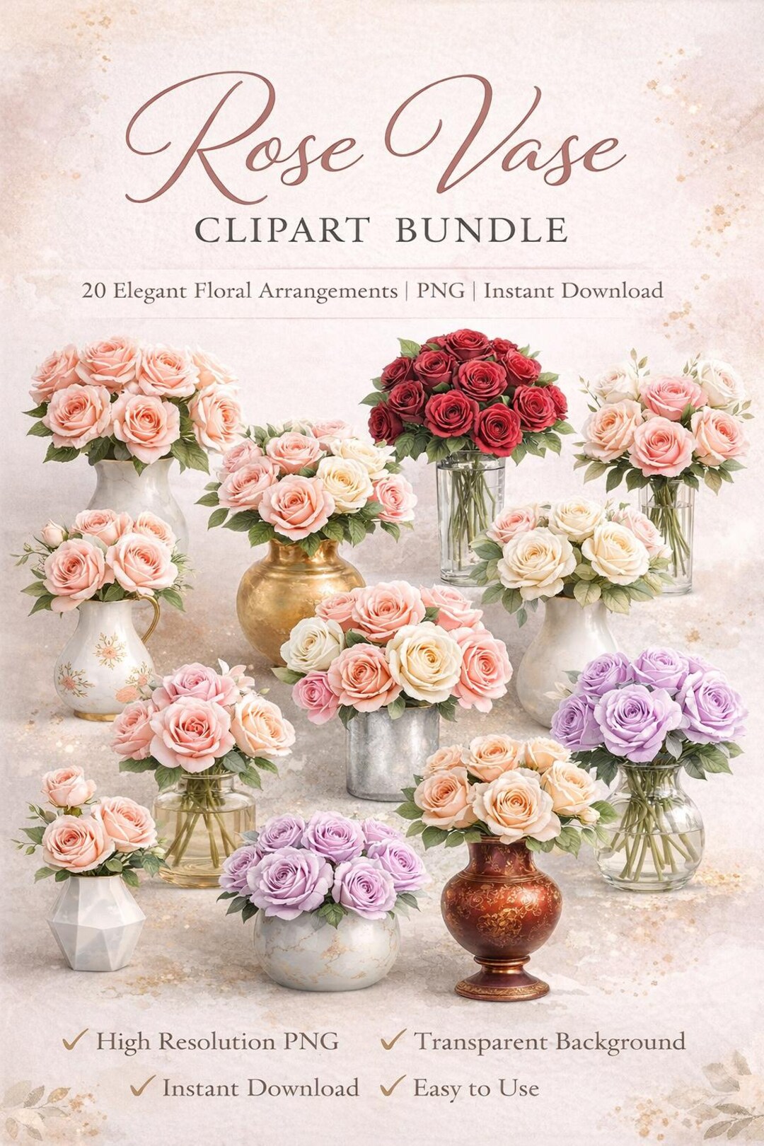 Rose Vase Clipart Bundle | Watercolor Floral Arrangements, PNG (instant ...