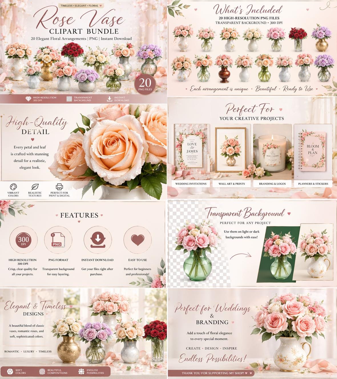 Rose Vase Clipart Bundle | Watercolor Floral Arrangements, PNG (instant ...