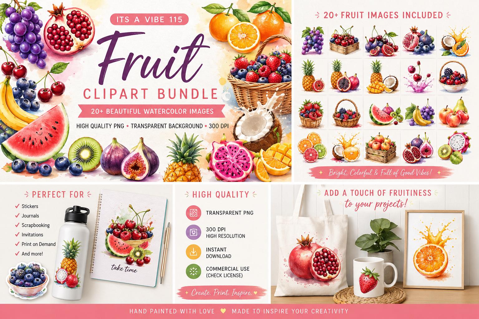 Watercolor Fruit Clipart Bundle | PNG Graphics, Commercial Use (instant ...