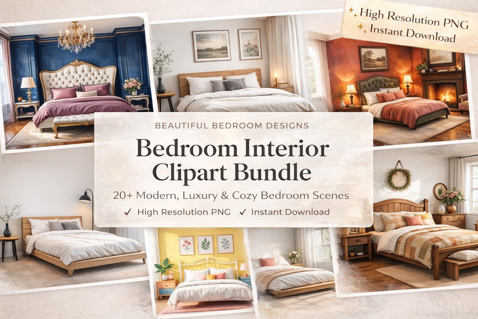 Watercolor Bedroom Clipart Bundle | Cozy, Modern, Rustic Interior ...