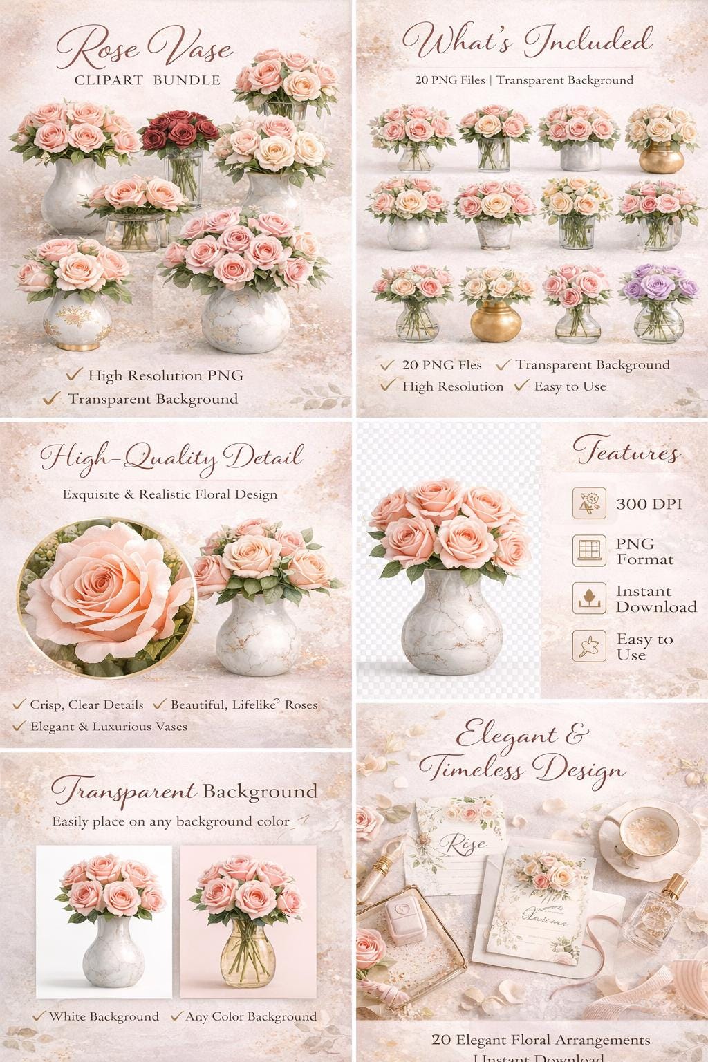 Rose Vase Clipart Bundle | Watercolor Floral Arrangements, PNG (instant ...