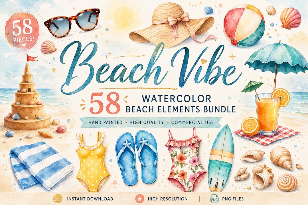 Watercolor Beach Elements Bundle | Summer Tropical Clipart (digital ...
