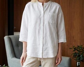 Minimalist Linen Shirt, Breathable Natural Fiber Button Up, Scandinavian Loose Fit Top, Lightweight Resort Wear, Capsule Wardrobe