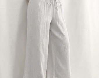 Damespyjamabroek, biologische mousseline, katoenen pyjamabroek, comfortabele damesbroek, loungen en slapen, loungekleding dames, biologisch katoen