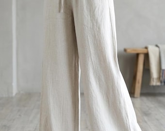 100% Linen Wide Leg Trousers, Summer Pants, Elastic Waist