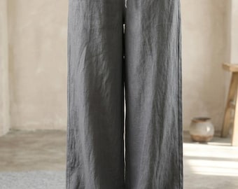 100% Linen Wide Leg Trousers, Summer Pants, Elastic Waist