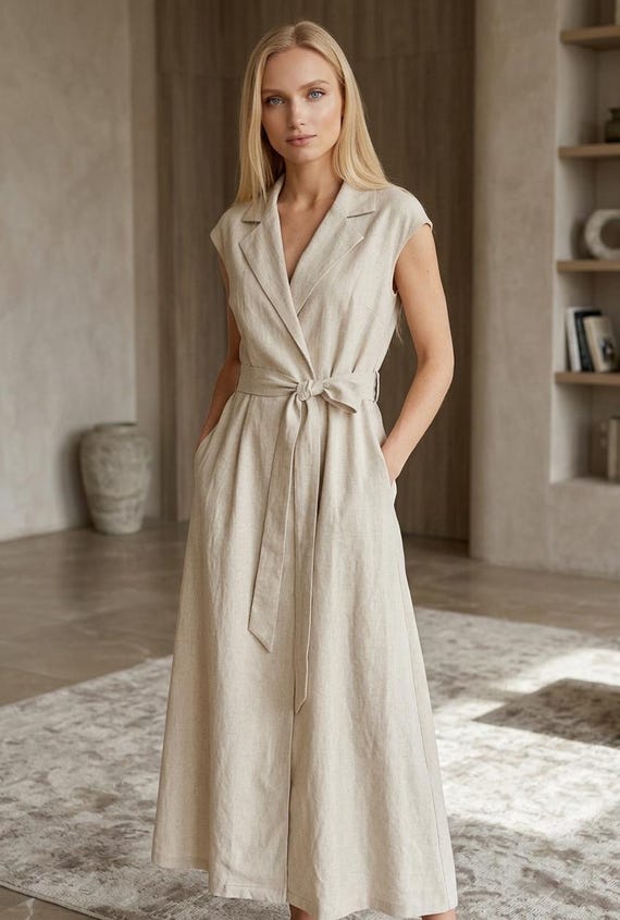 beige trench dress Beige Maxi Trench Coat Dress, Belted Wrap, Scandinavian Dress,