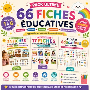 May include: A colorful educational pack for children aged 1-6, featuring 66 illustrated educational sheets, printable flashcards, and posters. The pack includes themes like autonomy, routines, animals, and commerce, with a focus on learning through fun activities.