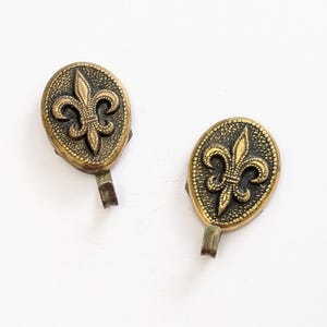 May include: Two antique brass-colored fleur-de-lis shaped wall hooks. Each hook has an oval base with a textured border and a detailed fleur-de-lis design in the center. The hooks are ideal for hanging small items.