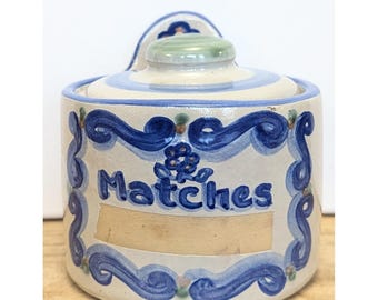 M A Hadley Pottery Match Holder Wall Hanging w/ Striker Strip & Lid Signed