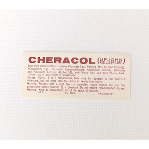 Vtg CHERACOL Codeine Phosphate Upjohn Pharmacy Bottle Label 1x2.5 habit forming