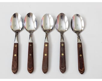 5 VTG Washington Forge Town & Country 7" Oval Soup Place Spoon Wood Handle USA