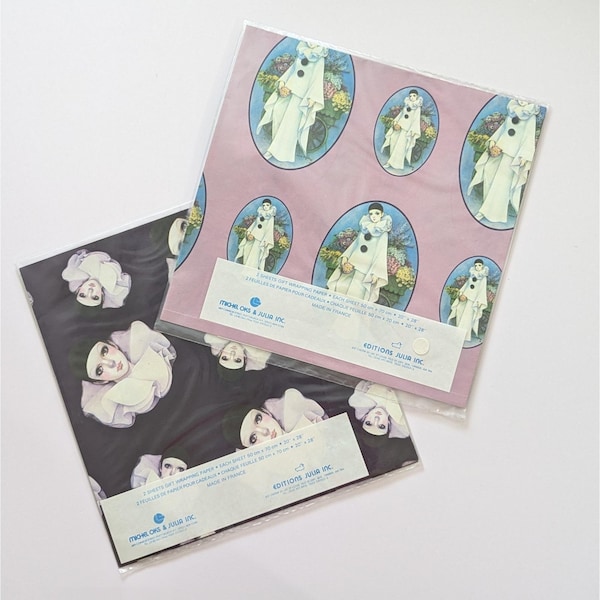 Vintage Mira Fujita Pierrot Mime Clown Gift Wrap Paper Sealed Michel Oks France