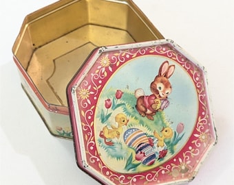 Vintage Easter Tin w/Lid Bunny Rabbit Chicks Eggs Octagon Container Box Holland