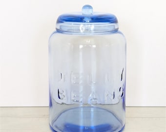Vintage Clear Blue Pressed Glass "JELLY BEANS" Candy Apothacary Jar w/ Lid