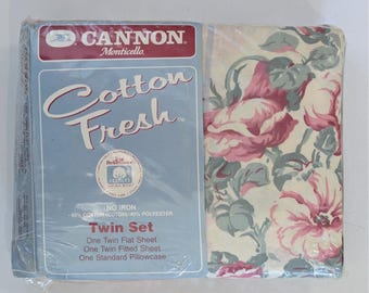 VTG Cannon Monticello Madeline 3 Pc Twin Sheet Set Cottage Floral Blue Stripe