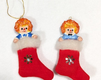 Vintage Raggedy Ann & Andy In Stocking Ornament Set 4" Handmade Craft  Painted