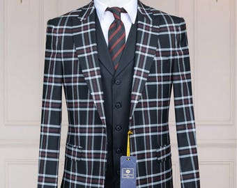 Herren Schwarz Karo Anzug 3-teiliges Set – Slim Fit Karierte Blazer Weste Hose – Eleganter Hochzeit Abschlussball Anzug – Luxus-Formelle Outfit für Männer