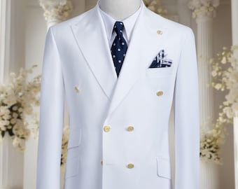 Traje blanco de lujo para hombre – Traje de boda de corte ajustado – Esmoquin elegante y formal – Traje de novio – Traje de graduación – Traje de estilo italiano – Doble botonadura
