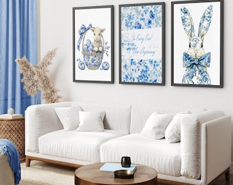 Láminas de arte floral primaveral con conejitos y corderos de estilo chinoiserie (juego de 3) (descarga digital)