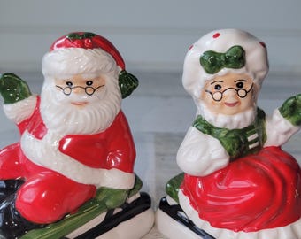 Lefton Santa and Mrs Claus on Sleds, Vintage Salt and Pepper Shakers, Red White and Green Waving Couple, Made in Japan Christmas Decor