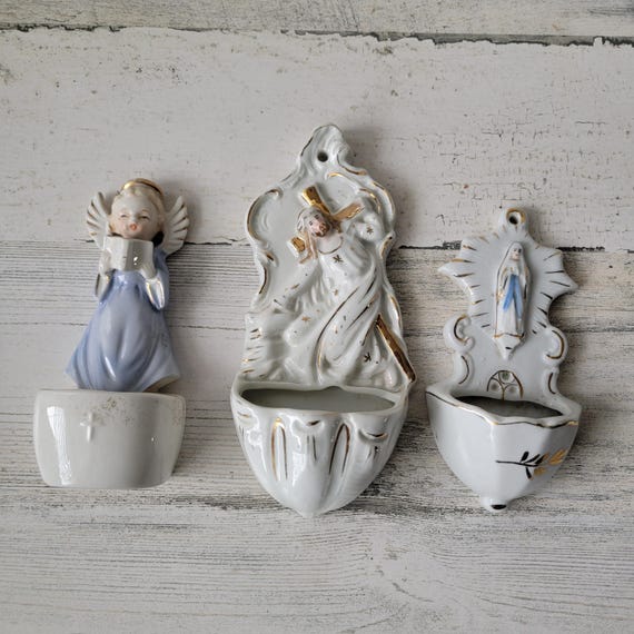 Vintage Glazed Porcelain Holy Water Fonts, Wall Mounted Benitiers, Choir Angel, Jesus Carrying the Cross, Virgin Mary, Midcentury