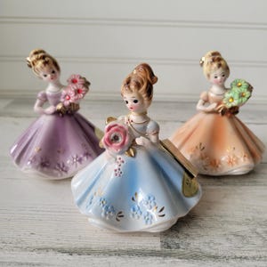 Vintage Josef Originals Birthday Girls Figurines, Made in Japan, Midcentury Ceramic Ladies with Birthstones, April July and November