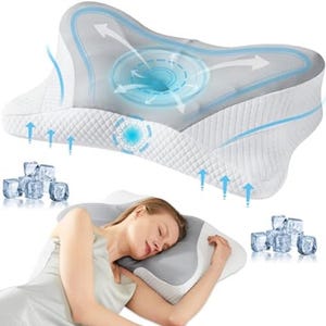 May include: A white and gray ergonomic pillow with a cooling design, featuring a quilted texture and a contoured shape. The image shows a woman sleeping on the pillow, with ice cubes in the foreground, suggesting a cooling effect.