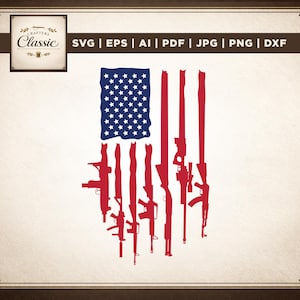 May include: An American flag design with red stripes replaced by gun silhouettes. The upper left corner features a blue rectangle with white stars. The image includes the text "SVG | EPS | AI | PDF | JPG | PNG | DXF".