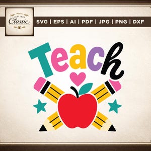 Pode incluir: Um design gráfico digital apresentando a palavra Teach em letras coloridas acima de uma maçã vermelha, um pequeno coração rosa e dois lápis amarelos cruzados com pontas pretas. Duas estrelas verde-azuladas estão posicionadas nos lados.
