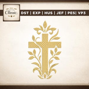 May include: A gold-colored machine embroidery design featuring a central cross surrounded by stylized leaves and vines. The text "Crafters Classic" appears in the top left corner, and the file formats "DST | EXP | HUS | JEF | PES | VP3" are listed.